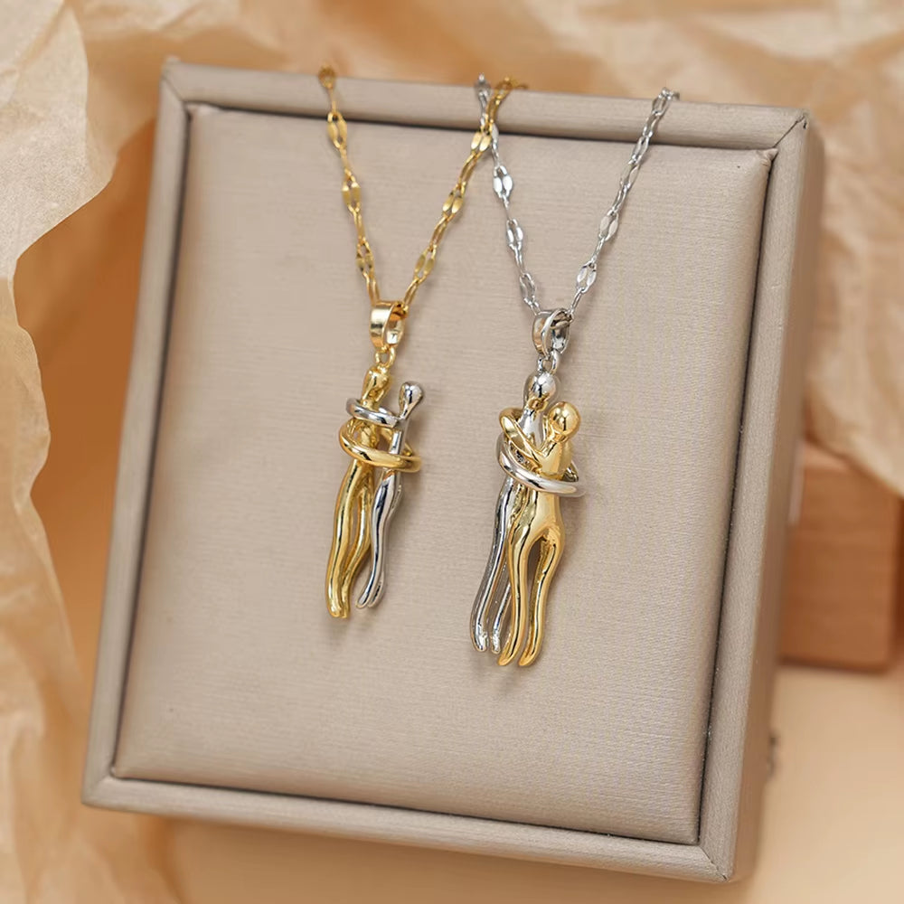 Stainless Steel Couple Hugging Pendant Necklace for Women Men Silver Color Love Chain Good Friend Gifts Fashion Jewelry