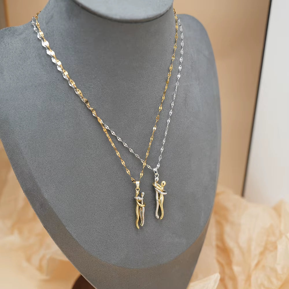 Stainless Steel Couple Hugging Pendant Necklace for Women Men Silver Color Love Chain Good Friend Gifts Fashion Jewelry