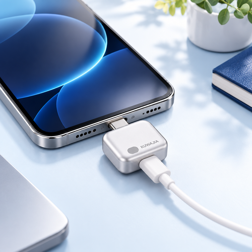 ChargePause smart USB-C auto-unplugger connected between a smartphone and charging cable